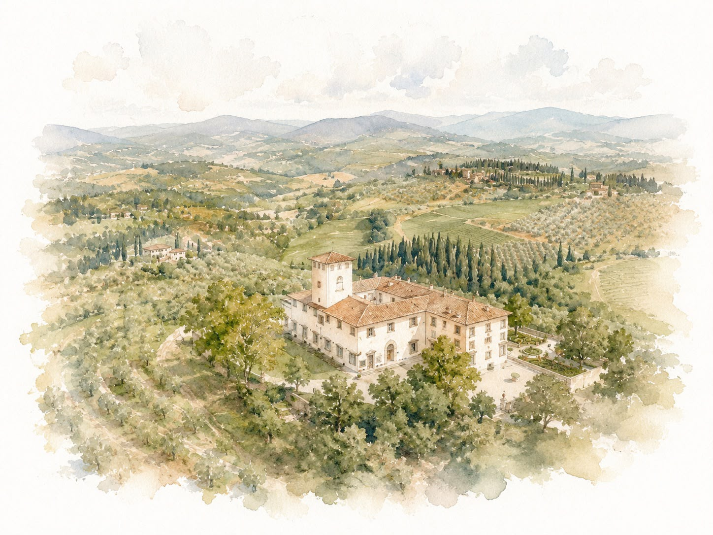 Aquarela da Villa Corsini a Mezzomonte e das colinas de Firenze
